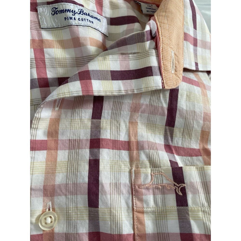 Tommy Bahama Men's M Button Down Shirt Pima Cotton Orange/pink Plaid Long Sleeve
